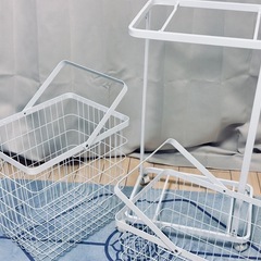美品！山崎実業ランドリーワゴン+バスケット タワーホワイト3点セットキャスター付き洗濯かごの画像