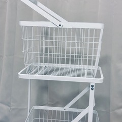美品！山崎実業ランドリーワゴン+バスケット タワーホワイト3点セットキャスター付き洗濯かごの画像
