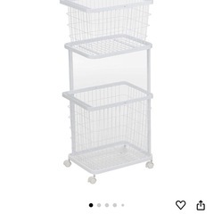 美品！山崎実業ランドリーワゴン+バスケット タワーホワイト3点セットキャスター付き洗濯かごの画像
