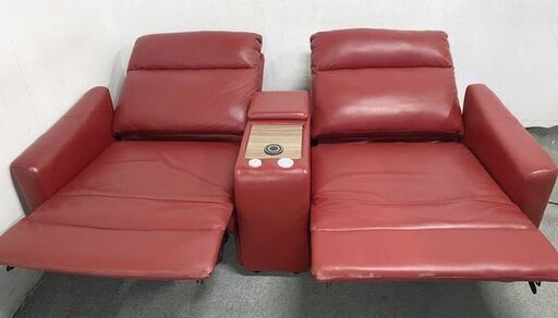 ニトリ 電動リクライニングソファ Nストラス 2人掛け 本革 ユニットテーブル コンソール レッド リビング 中古家具 店頭引取歓迎 