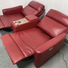 ニトリ 電動リクライニングソファ Nストラス 2人掛け 本革 ユニットテーブル コンソール レッド リビング 中古家具 店頭引取歓迎 R9386の画像