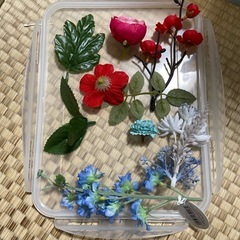造花、花の部分と葉の部分、ケース付きの画像