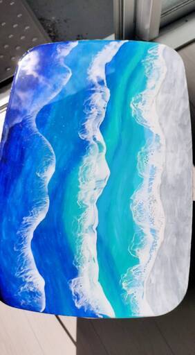 オーシャンレジン折り畳みテーブル　ちゃぶ台サイズ　アート作品ハンドメイド　お洒落インテリア　縦横40×60cm高さ31cm