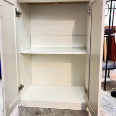 食器棚 キャビネット 北欧風 木目調 白 ホワイト 幅58.5cm 奥行38cm 高さ178cm 引出し 棚板可動式 ★買取帝国 志木店の画像