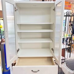 食器棚 キャビネット 北欧風 木目調 白 ホワイト 幅58.5cm 奥行38cm 高さ178cm 引出し 棚板可動式 ★買取帝国 志木店の画像