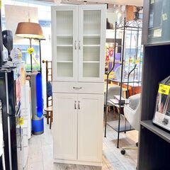 食器棚 キャビネット 北欧風 木目調 白 ホワイト 幅58.5cm 奥行38cm 高さ178cm 引出し 棚板可動式 ★買取帝国 志木店の画像