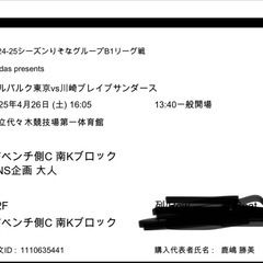 4/26 アルバルク東京対川崎ブレイブサンダース　招待チケット