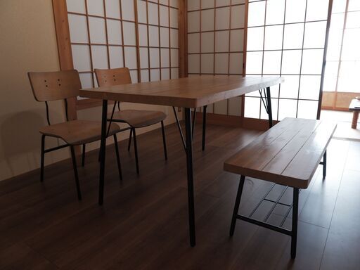 京都引き取り限定｜ダイニングテーブル4点セット（チェア2脚＋ベンチ＋テーブル）