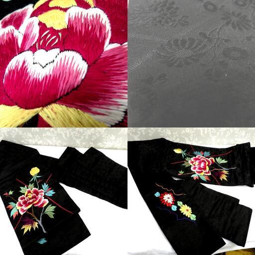名古屋帯 繻子 昔 アンティーク帯 昔名古屋帯 黒 多色 大花 刺繍
