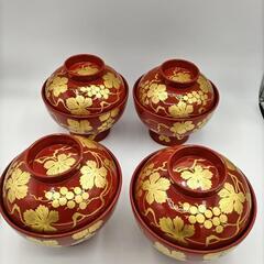 和食器お椀朱色金彩ぶどうの蒔絵お正月迎春4客セット
