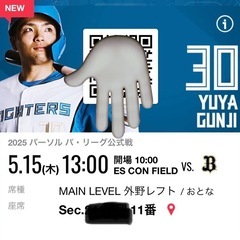 お話し中　エスコン　5月15日　ファイターズ　駐車券＋2席通路側の画像