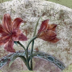 ユリの花 日本画 扇形の画像