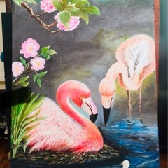 【油彩画】白鳥の家族 シンガポール購入品 美品（参考価格5万円）