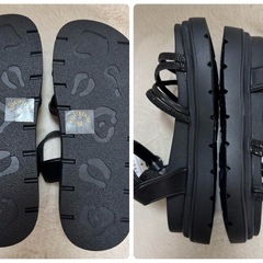 厚底サンダル フラット ラメ ビジュー 黒 M 23cmの画像