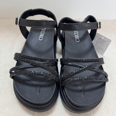 厚底サンダル フラット ラメ ビジュー 黒 M 23cmの画像