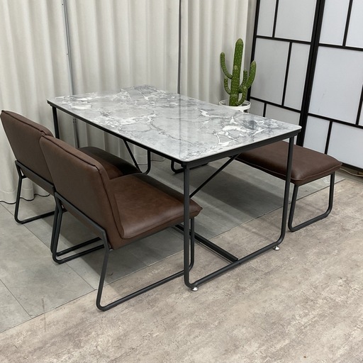 KD-57【新入荷　アウトレット品】訳有り超特価‼︎ アース　セラミックトップ　ベンチダイニング4点セット　グレー×ブラウン