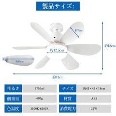 ✨新品未使用③✨LEDシーリングファンライト ホワイト 白 コンパクトサイズ 扇風機　シンプル　モダン　おしゃれ　スタイリッシュの画像