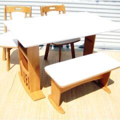 4人掛けダイニングテーブル＆回転椅子＆ベンチ4点セット　伸長式　...