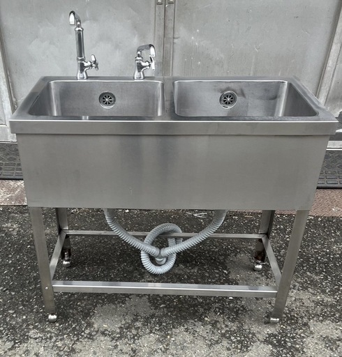 業務用 二口蛇口付き 2槽シンク 幅900×奥450×高さ805(mm) バックガード無し 二槽シンク 二層シンク 二層 2層 厨房機器 店舗用品 大阪