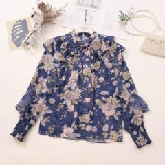 新品未使用 韓国スタイル シフォン リボンタイ ブラウス 花柄③の画像