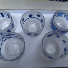 カメイガラス 藍もよう 冷茶 5客セット グラス コップ 茶托の画像