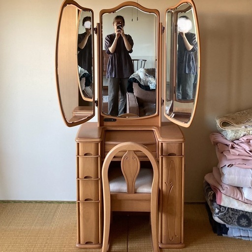 ヴィンテージ花柄タイル装飾 木製壁掛け鏡 ウッドウォールミラー 美品