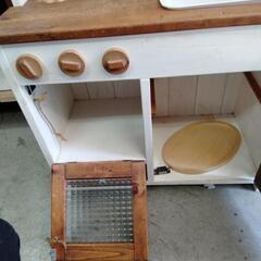 【SALE! 】【値下げ！ 】木製 ままごとキッチン 白 ブラウン オーブン コンロ シンク 収納 高さ90cm 幅60cm 奥行30cm  シンクまでの高さ50cm おもちゃの画像