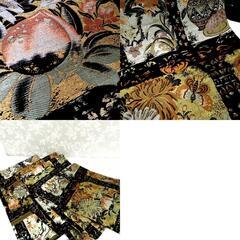 丸帯 アンティーク 正絹 黒 金 銀 オレンジ 白 茶 ベージュ 花蝶 生け花 桃 葡萄 両面 全通  仕立上がり レトロ 明治・大正ロマン 昔着物用帯 【キモノオフ野々市若松店】の画像