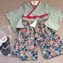 袴ロンパース80センチ(青海波柄)＋草履風靴下セット(黒＆白)