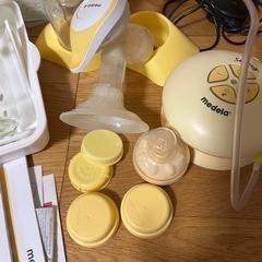 哺乳瓶とメデラの搾乳機、レンジ消毒器などのセットの画像