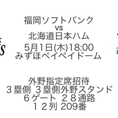 5/1 ソフトバンクvsニッポンハム　外野指定席　4連席　売ります。