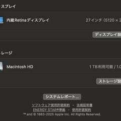 iMac（Retina 5K,27インチ,2019）1.03TB/32GB〈MRQY2J/A〉⑥の画像