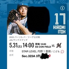 5/31ファイターズチケット3枚・駐車場