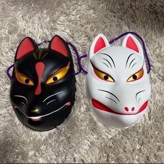 キツネ　お面　和装前撮り　白　黒