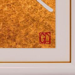 優雅さとシンプルの調和「赤」「金」「白」の響き。太陽富士山▲がんどうあつし油絵画金沢産24K純金箔使用の画像