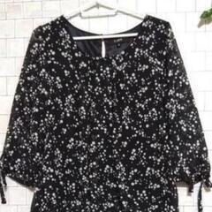 【L&B】シフォン生地　ドット柄　カットソー 七分袖　黒　M