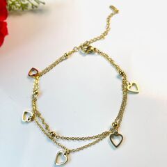 金属アレルギー対応 SS製シンプル 二連 ブレスレットゴールドハート18KGPの画像