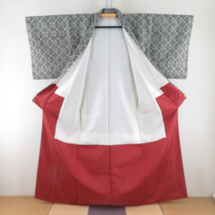 小紋 白ｘ黒ｘ灰色ｘ深緑 鳥紋模様 正絹 広衿 仕立て上がり着物 身丈160cm 【キモノオフ野々市若松店】の画像