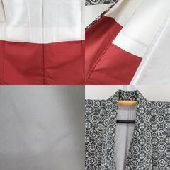 小紋 白ｘ黒ｘ灰色ｘ深緑 鳥紋模様 正絹 広衿 仕立て上がり着物 身丈160cm 【キモノオフ野々市若松店】の画像