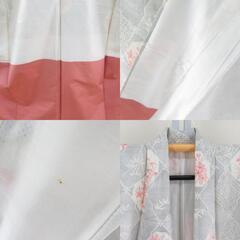 紬 着物 菱型に花々模様 白色ｘ薄オレンジ色ｘ黒色 袷 広衿 絹 仕立て上がり着物 身丈160cm 【キモノオフ野々市若松店】の画像