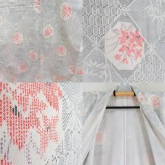紬 着物 菱型に花々模様 白色ｘ薄オレンジ色ｘ黒色 袷 広衿 絹 仕立て上がり着物 身丈160cm 【キモノオフ野々市若松店】の画像