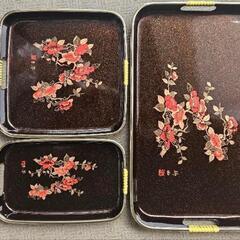柳山作 お盆 トレー 3点セット 椿柄 輪島塗 美術漆器