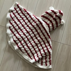 ジェラートピケ　　子供用ポンチョ　80-90サイズ　赤白ボーダーの画像