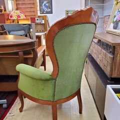アンティーク家具 猫脚 彫刻細工 リビングチェア ハイバック ライトグリーン×ブラウン◆幅72㎝×奥行65㎝×高さ108㎝ 検) ロココ 姫系 ロイズ アンティークス ITALY イタリア★近隣配送無料 買取帝国 朝霞店の画像