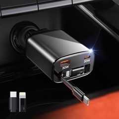 ✨車載充電器 シガーソケット 車 充電器 3in1 巻き取り式 ...