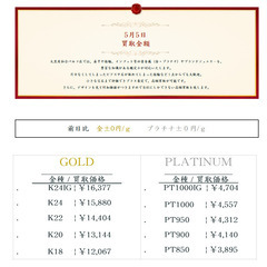 大黒屋仙台パルコ店 5/5　本日の貴金属の買取金額