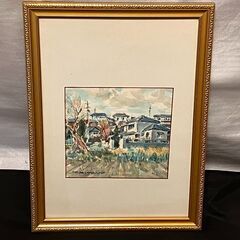住宅街の絵　金色フレーム