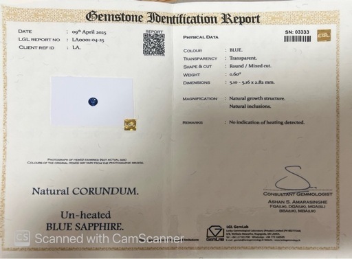 スリランカ産天然石コランダム ブルーサファイアルース 0.6ct 非加熱