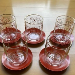 昭和初期レトロなガラスコップ、コースター付　5客
