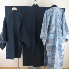 男着物 紬 亀甲 アンサンブル 襦袢セット 袷 紺青色 正絹 男...